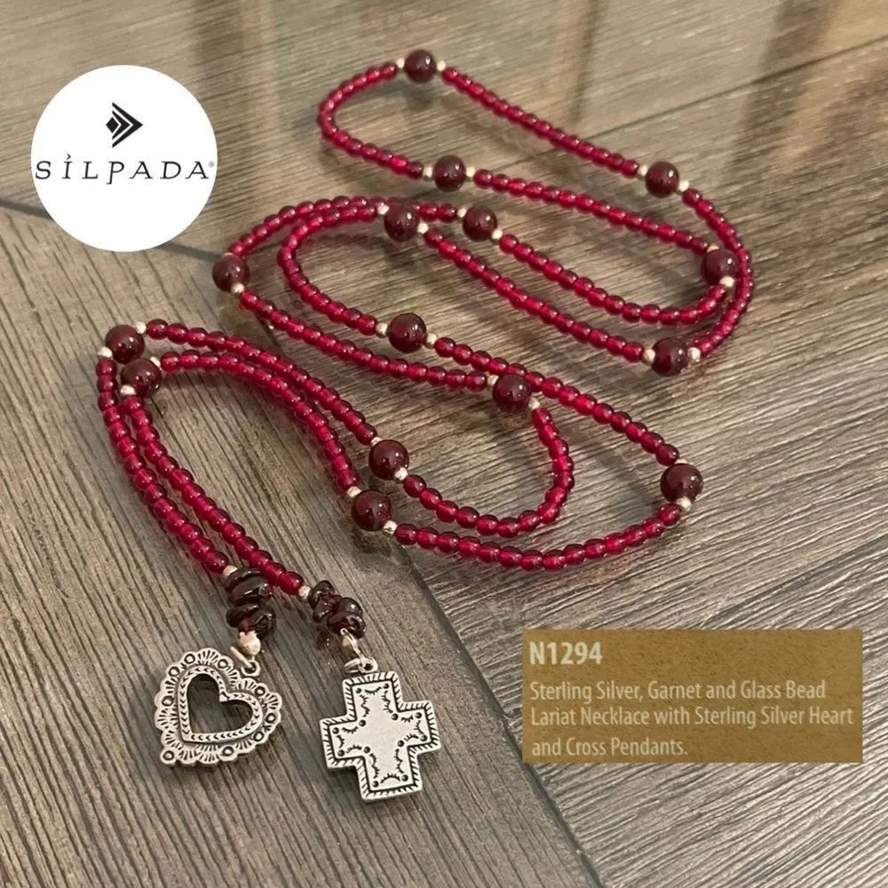 Silpada Red Beaded Necklace with Silver Charms N1249